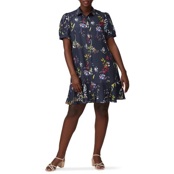 TANYA TAYLOR Navy Printed Floral Button Up Collared Aliciana Shirt Dress Size 14 - Picture 1 of 13